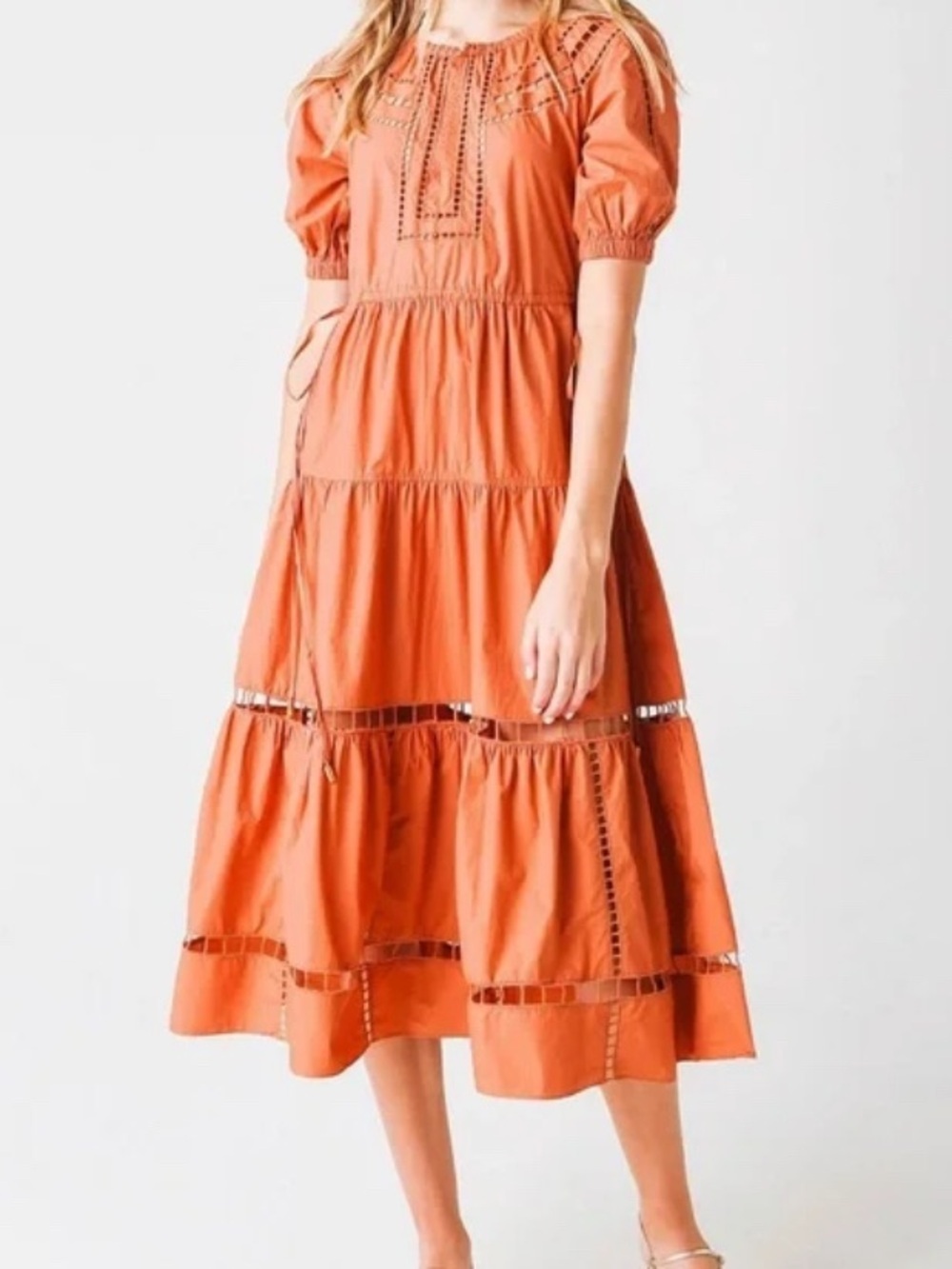 A.L.C. Midi Dress Women’s Maryn Lipstick Orange Cotton Poplin Puff Sleeve 10